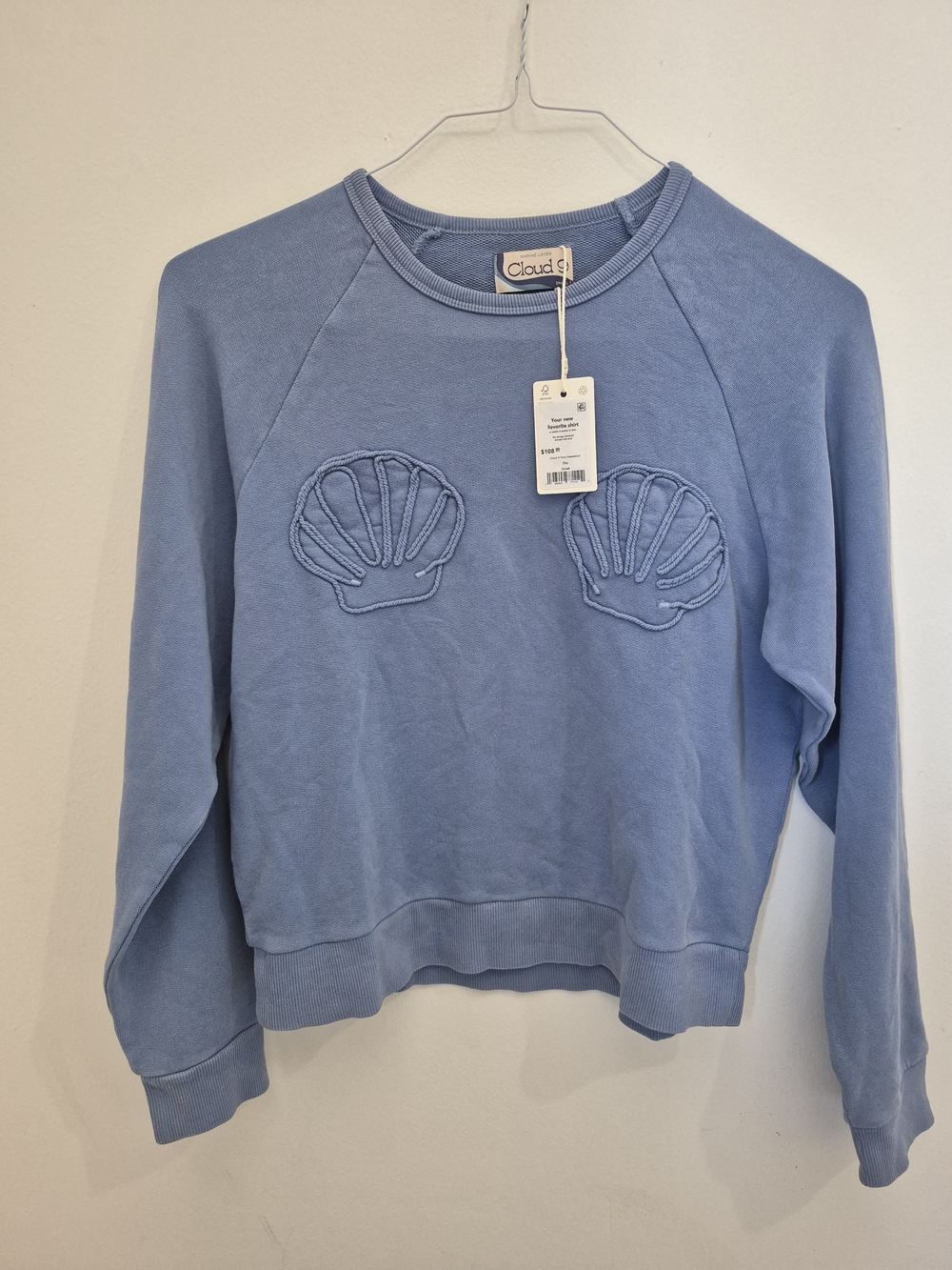 Cloud 9 Light Blue Shell Applique Crewneck Sweater
